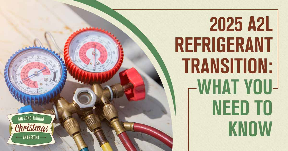 Image highlighting the 2025 A2L refrigerant transition with key information, featuring the Christmas Airconditioning and Heating logo and emphasizing '2025 A2L Refrigerant Transition: What You Need to Know,' aligning with the page's focus on upcoming changes in refrigerant standards.