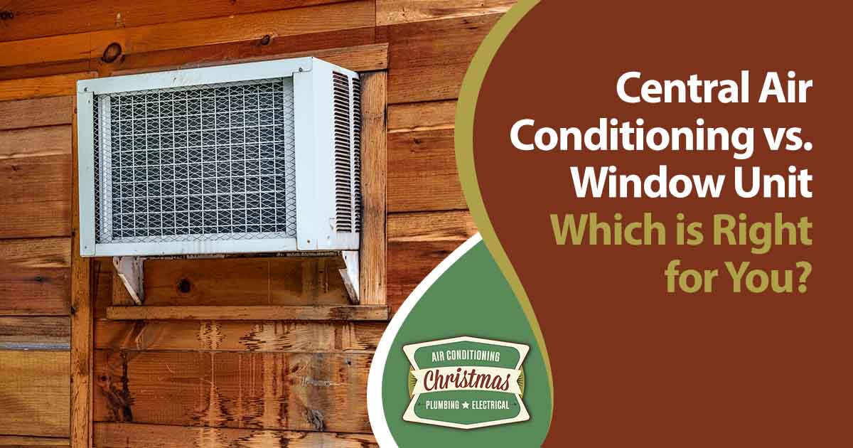 Horizontal view of an outdoor window air conditioner unit, featuring Christmas Airconditioning and highlighting "Central Air Conditioning vs. Window Unit: Which is Right for You?" to guide readers in making informed cooling system choices.
