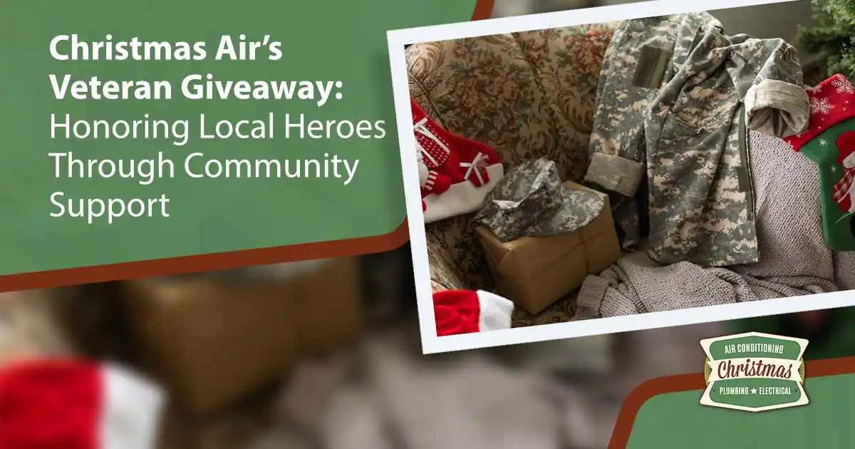 Christmas Air’s Veteran Giveaway Honoring Local Heroes Through Closeup of a Christmas ball and gift box next to a military uniform, featuring Christmas Airconditioning and Plumbing, highlighting Christmas Air’s Veteran Giveaway: honoring local heroes through community support.