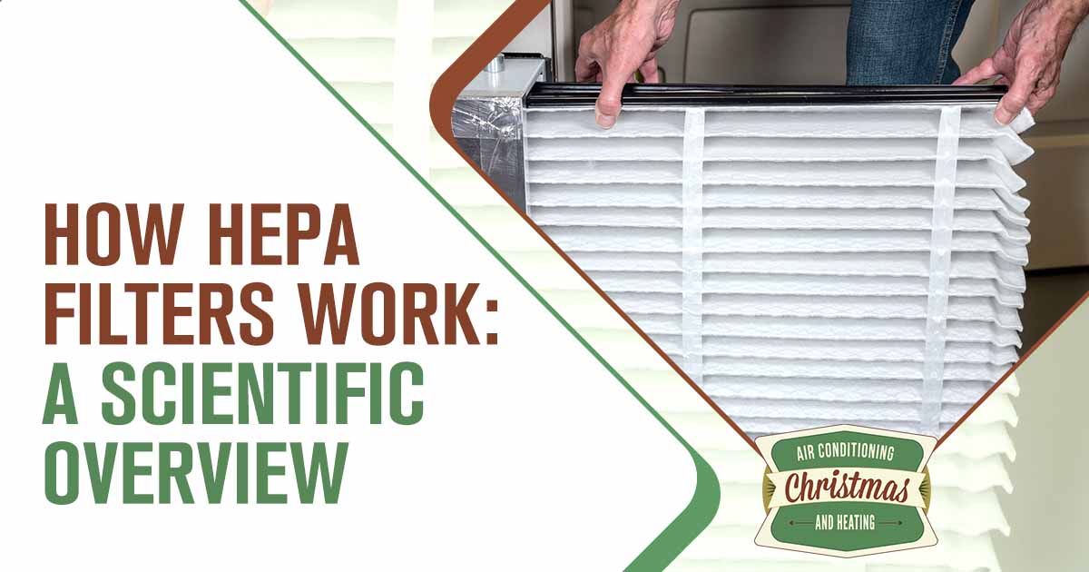 Senior man inserting a new air filter into an HVAC furnace, representing Christmas Airconditioning and Heating, and illustrating a scientific overview of HEPA filters and their functionality.