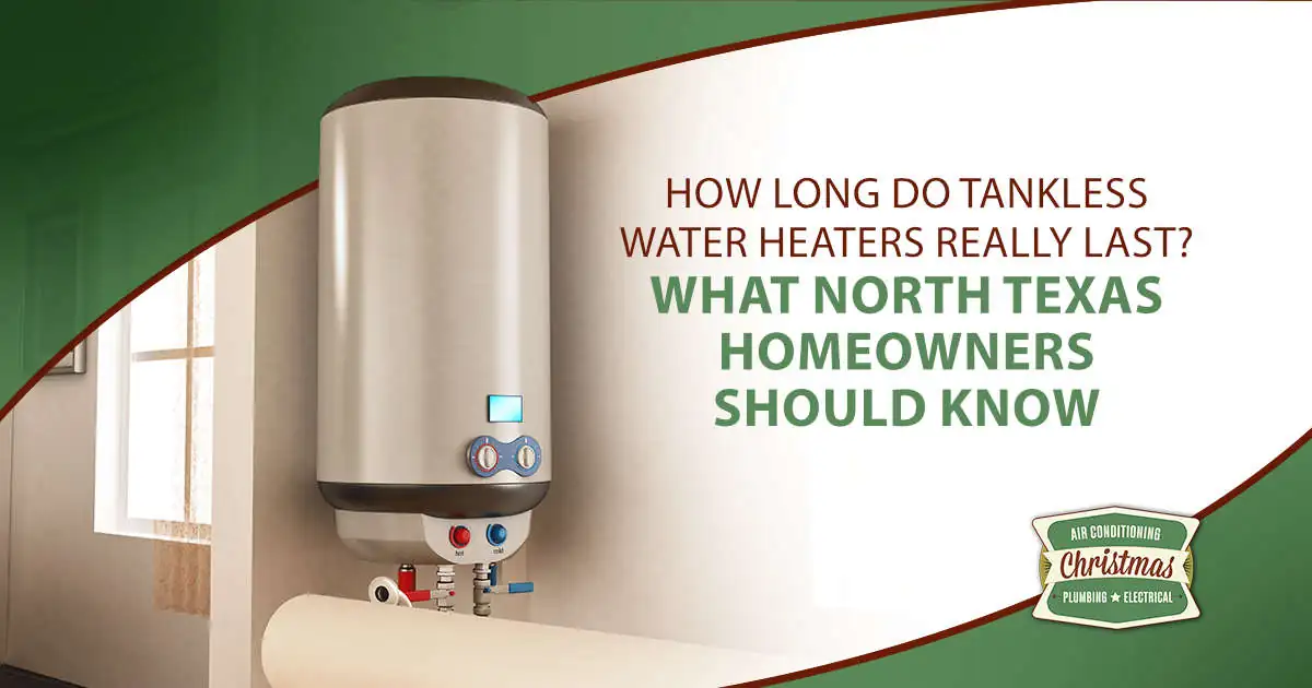 How Long Do Tankless Water Heaters Really Last What North Texas 3D illustration of a tankless water heater mounted on a wall, featuring Christmas Airconditioning and Plumbing, highlighting information on how long tankless water heaters last and what North Texas homeowners should know.