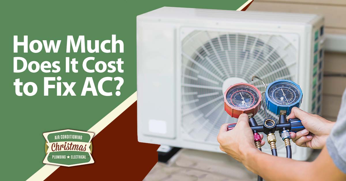 Air conditioner technician inspecting the operation of an industrial AC unit, featuring Christmas Airconditioning and highlighting "How Much Does It Cost to Fix AC?" to guide users on repair costs.