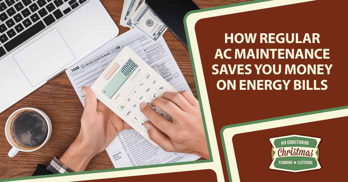 Image of a cropped view of a man using a calculator with a tax form and laptop, featuring Christmas Airconditioning and Heating, and highlighting "How Regular AC Maintenance Saves You Money on Energy Bills," ensuring it aligns with the page's context.