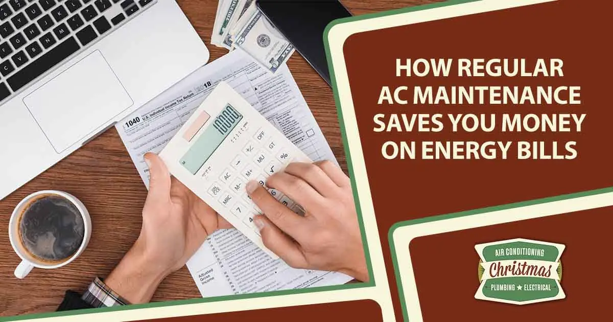 Image of a cropped view of a man using a calculator with a tax form and laptop, featuring Christmas Airconditioning and Heating, and highlighting "How Regular AC Maintenance Saves You Money on Energy Bills," ensuring it aligns with the page's context.