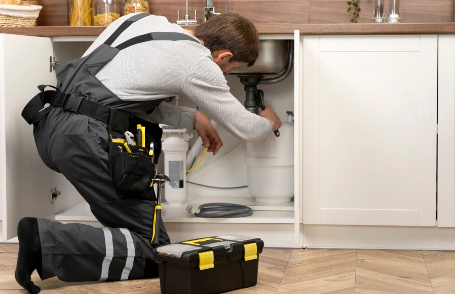 Licensed plumber inspecting under sink plumbing connections during a same day service call at a Fort Worth home