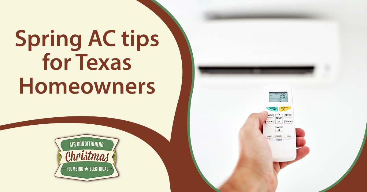 Modern air conditioner unit with a hand holding a remote, featuring Christmas Airconditioning and Heating and highlighting "Spring AC Tips for Texas Homeowners," ensuring it aligns with the page's context.