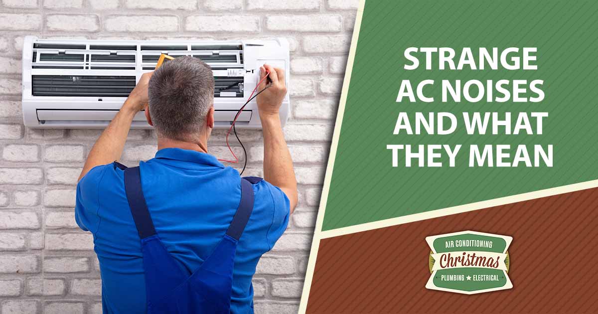 Image of a male electrician checking an air conditioner with a digital multimeter, featuring Christmas Airconditioning and Heating, and highlighting "Strange AC Noises and What They Mean," ensuring it aligns with the page's context.