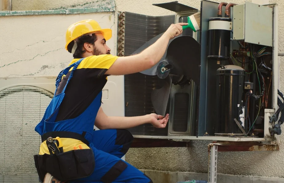 Technician brushing dust from an outdoor condenser fan during a routine AC maintenance checklist homeowners should schedule yearly