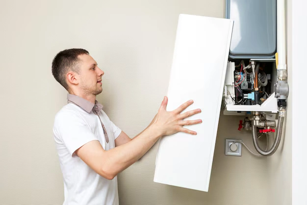Technician removing the front panel of a tankless unit for service, a key factor in tankless water heater pros and cons for maintenance costs
