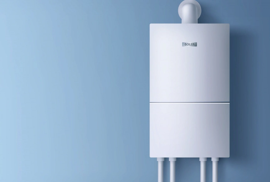 Wall mounted tankless water heater in a modern home showing the compact design homeowners weigh when comparing tankless water heater pros and cons