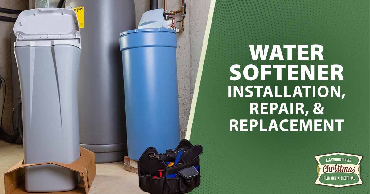 Water-Softener-Installation-Repair Image of a new water softening unit ready for installation, featuring Christmas Air Conditioning and Plumbing and highlighting water softener installation, repair, and replacement services.