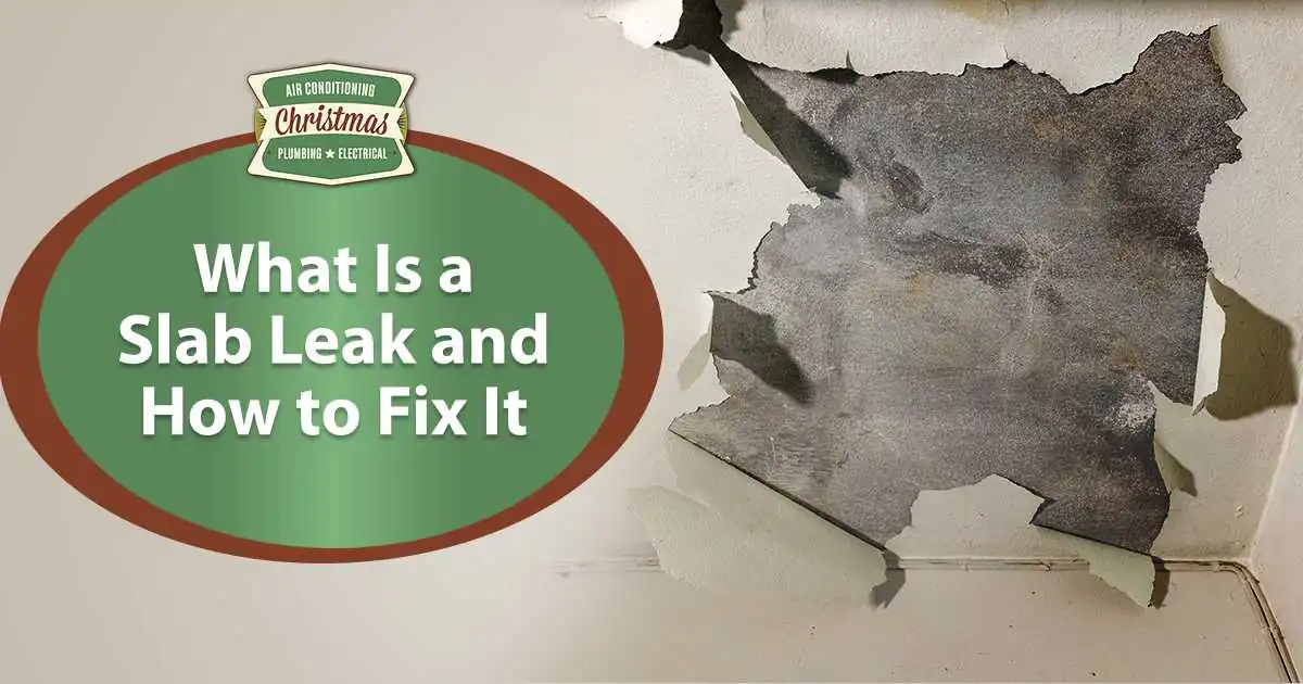 Image of water leaking from a concrete slab porch into the room below, featuring Christmas Air Conditioning and Plumbing and highlighting what a slab leak is and how to fix it.