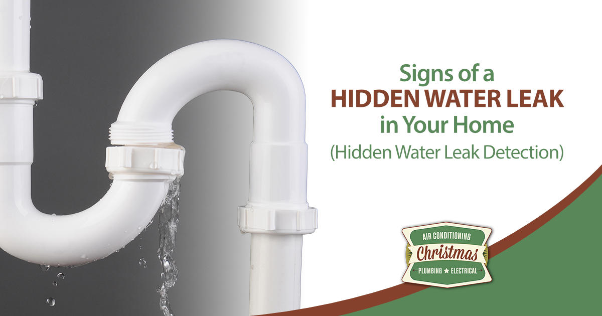 PVC pipe joint leaking water with text about hidden leak detection.